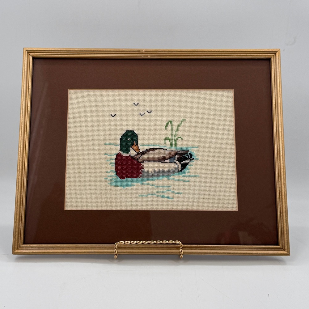 Vintage Framed Mallard Duck Needlepoint Cross Stitch Wall Art Brown Mat 15x12